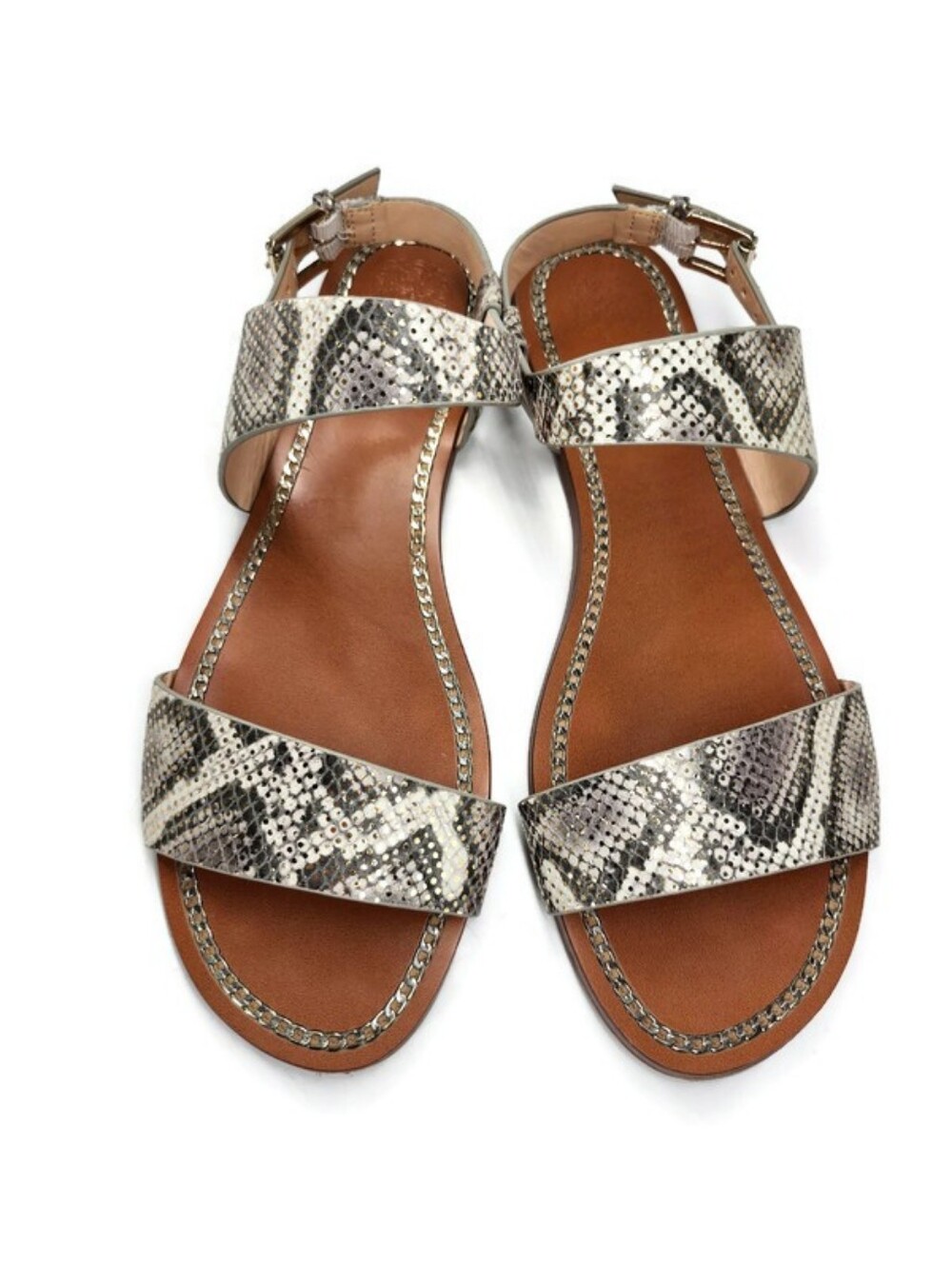 Vince Camuto Rentin Grey & White Snake Print Gold Shimmer Leather Flat Sandals - Picture 6 of 13